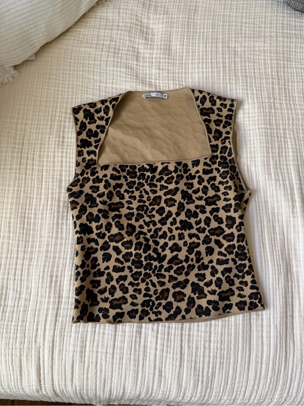 Leopard Print Square Neck Tank Top - Tan/Black